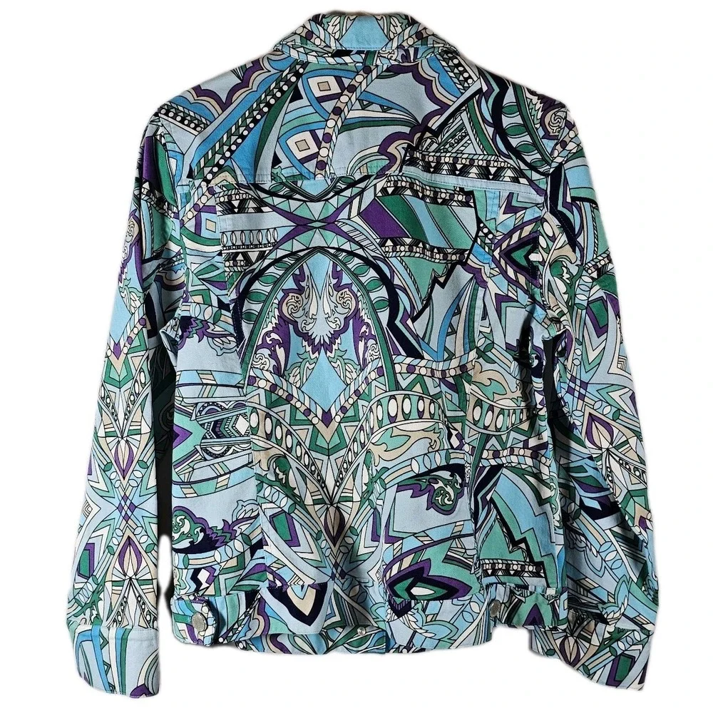 Chicos Jacket Womens Size 1 Med 8/10 Blue Hannalee Graphic Print Long Sleeve EUC